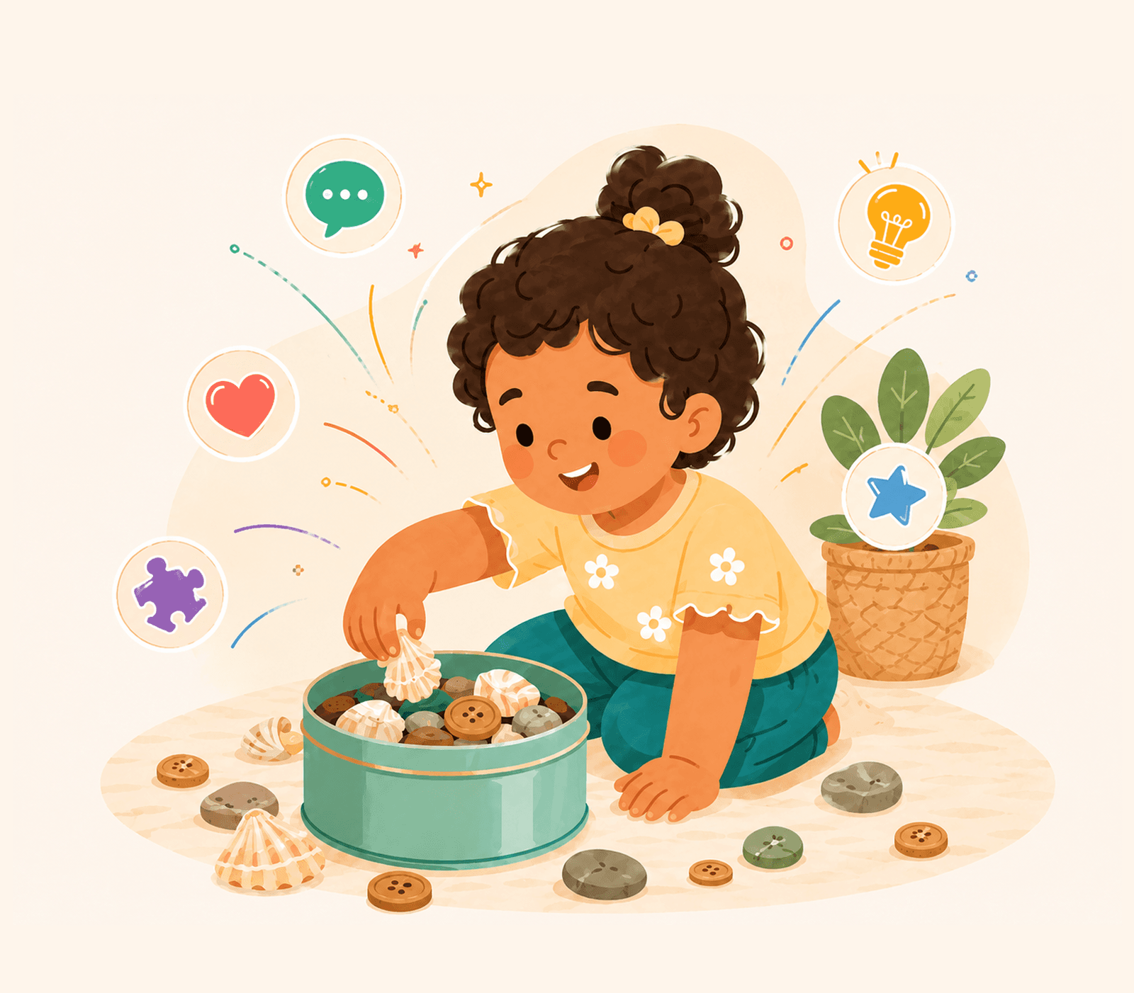 Toddler kneeling on the floor, exploring a tin of shells, buttons and pebbles during sensory play